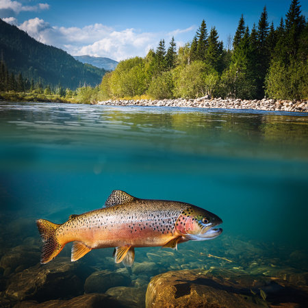Beautiful rainbow trout swimming in a clear water of a mountain riverの素材