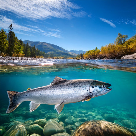 Salmon on the bank of the Katun river in Altai Republic, Russiaの素材