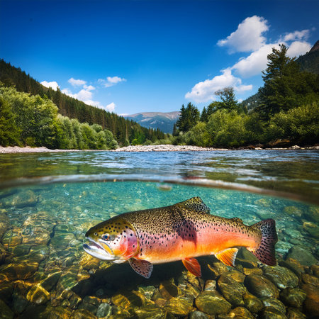Rainbow trout swimming in crystal clear water of mountain river. Beautiful summer scenery.の素材