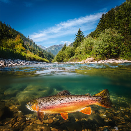 Rainbow trout in the mountain river. Multicolored summer landscapeの素材