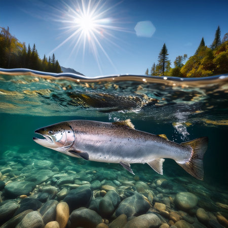 3d rendering of a rainbow trout swimming underwater in a lake.の素材