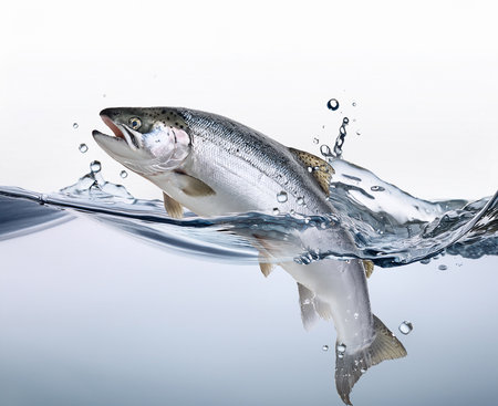 Salmon fish jumping out of water with splashes on white backgroundの素材