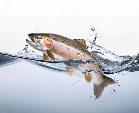 Rainbow trout jumping out of water and splashing on white backgroundの素材