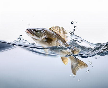fish jumping out of the water and splashing on a white backgroundの素材