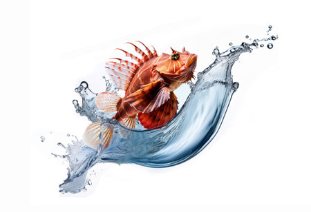 Red fish in water splash, isolated on white background. 3d illustrationの素材