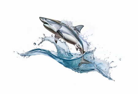 Shark jumping in water, isolated on white background with clipping pathの素材