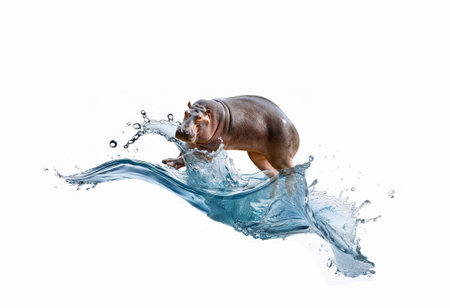 Hippopotamus splashing water isolated on a white background.の素材