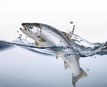 salmon fish in water splash isolated on white background. studio shotの素材