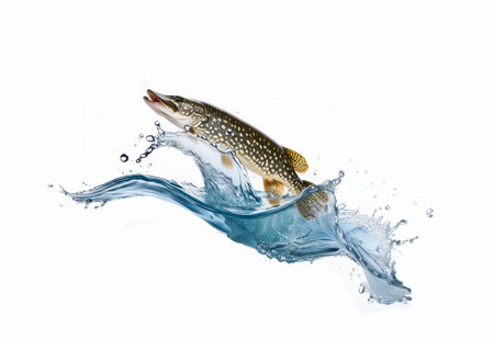 Pike jumping in water, isolated on white background with clipping pathの素材