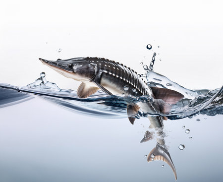 Sturgeon fish jumping in water isolated on a white background.の素材