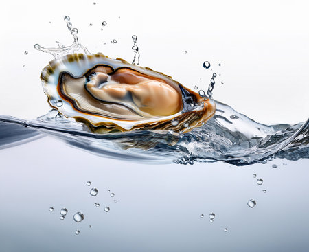 Oyster with water splash on white background, close-upの素材