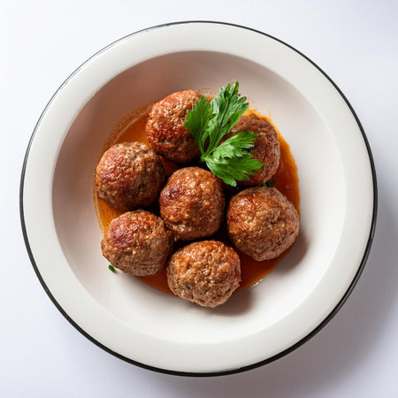 Meatballs in tomato sauce with parsley on white background. Top viewの素材