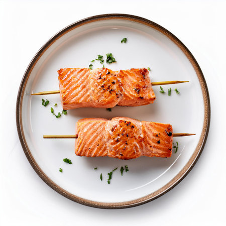 Grilled salmon on skewers with parsley on white background, top viewの素材