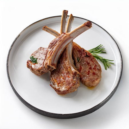 Grilled lamb chops with rosemary on white plate isolated on white backgroundの素材
