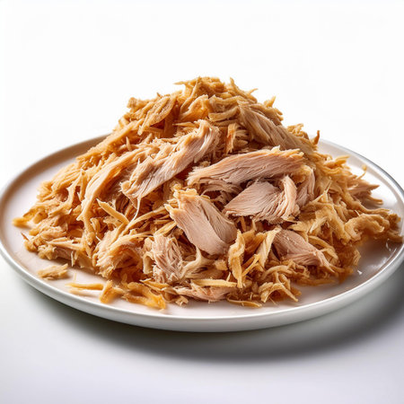 Pieces of canned tuna on a plate isolated on white background.の素材