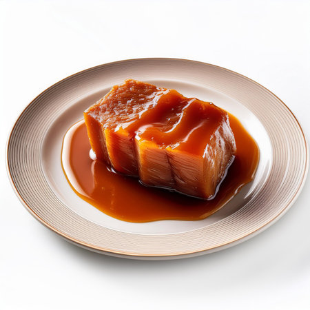 Tofu in caramel sauce on a plate isolated on white backgroundの素材