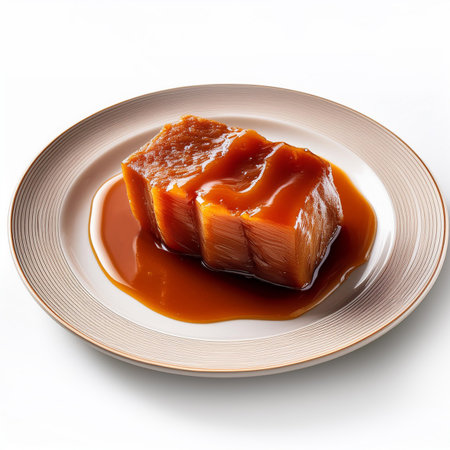 Tofu in caramel sauce on a plate isolated on white backgroundの素材