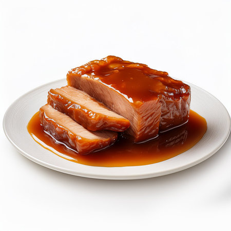 Slices of smoked pork on a white plate isolated on white backgroundの素材