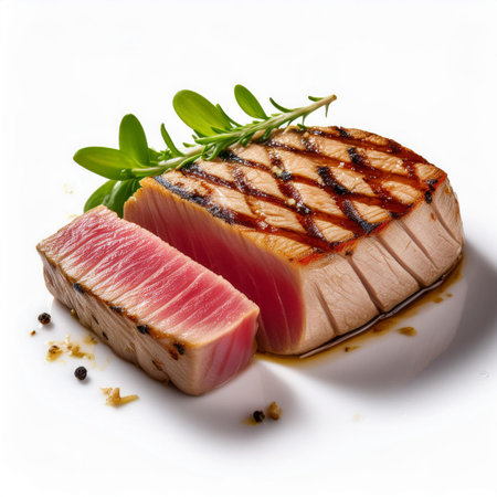 Grilled tuna fillet with rosemary and spices on white backgroundの素材