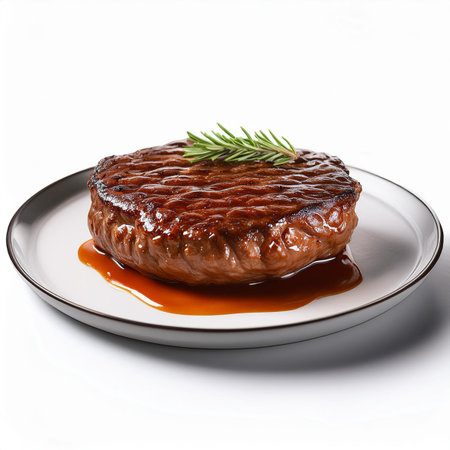 Grilled steak with rosemary on a plate isolated on white backgroundの素材