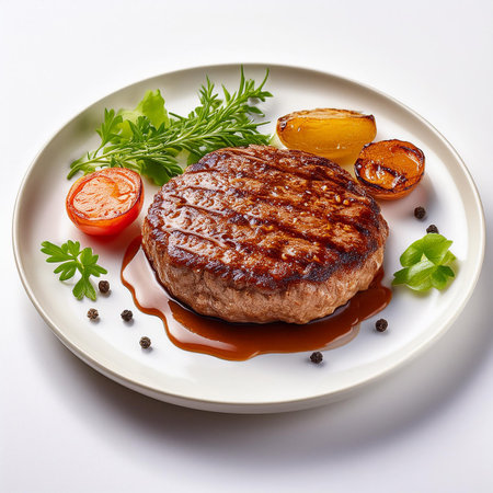 Grilled beefsteak with vegetables on white plate, top viewの素材