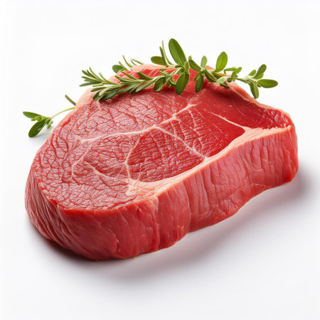 Raw beef steak with thyme and rosemary isolated on white backgroundの素材