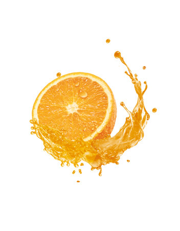 Orange juice splash isolated on white background. Fresh orange juice in orange juice splash.の写真素材