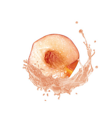 Splash of juice with fresh peach isolated on white background. Clipping pathの写真素材