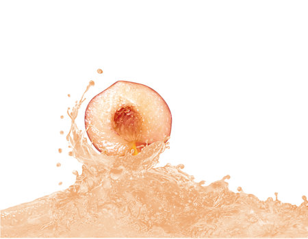 Water splash with fresh peach isolated on white background. Vector illustration.の写真素材