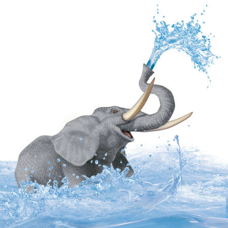 Elephant splashing water on white background. 3D illustration.の写真素材