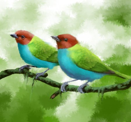 Two birds sitting on a branch. Watercolor painting. Vector illustration.の写真素材