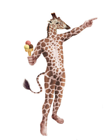 Funny giraffe with ice cream isolated on a white background.の写真素材