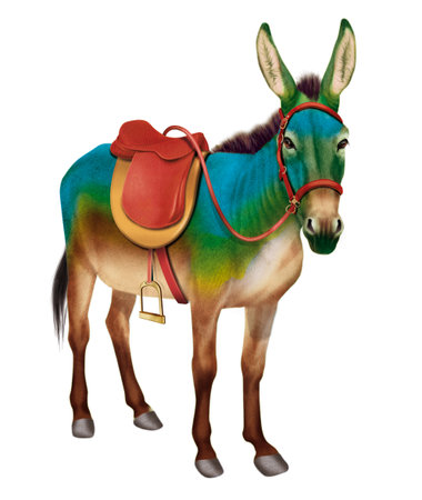 Donkey with a saddle isolated on white background. Watercolor illustration.の写真素材