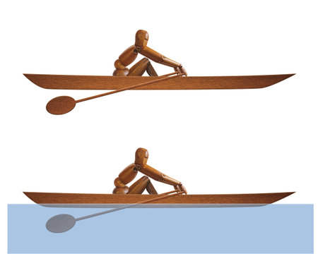 Wooden mannequin on a paddle board isolated on white background