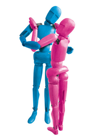 Two wooden mannequins isolated on white backgroundの写真素材