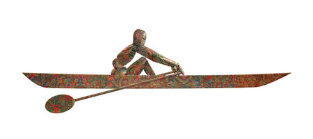 3D rendering of a figure sitting on a surfboard isolated on white background