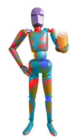 3D rendering of a robot drinking beer isolated on white backgroundの写真素材