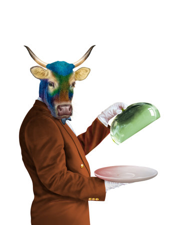 Funny bull waiter with a tray isolated on a white background.の写真素材