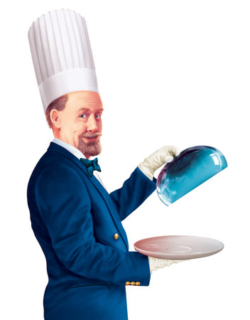 cooking, profession and people concept - smiling male chef in suit and hat with plate over white backgroundの写真素材