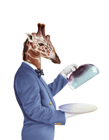 A person in a suit and tie holding a tray.の写真素材