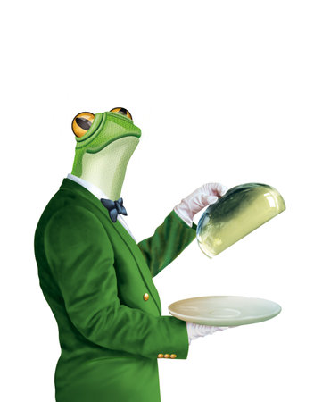 Surprised waiter in green suit and mask holding empty plate isolated on white backgroundの写真素材