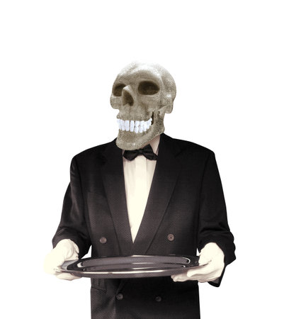 Skull in black suit and bow tie holding a tray isolated on white backgroundの写真素材