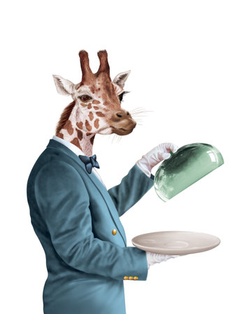 Giraffe in a suit and bow tie holding a trayの写真素材