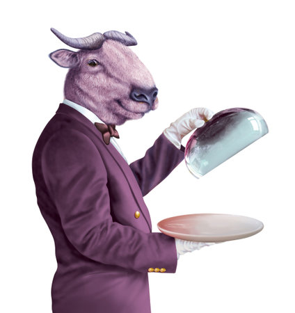3D rendering of a purple buffalo waiter holding a plate isolated on white backgroundの写真素材