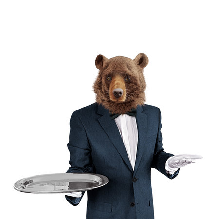 Waiter with a bear head on a tray isolated on white backgroundの写真素材