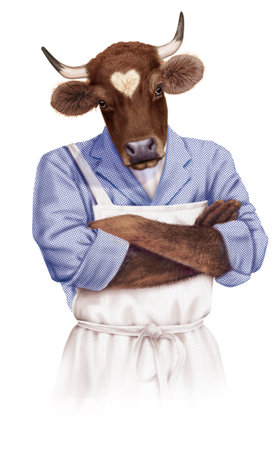 cow in a blue shirt and white apron isolated on white backgroundの写真素材