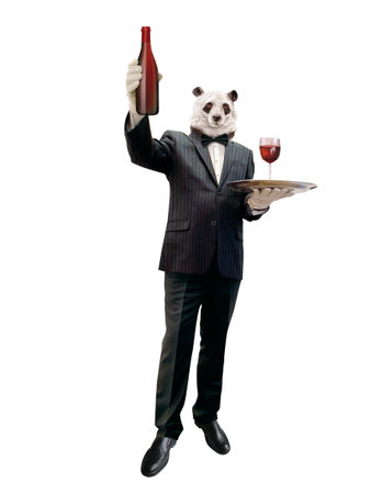A panda bear waiter in a suit holding a tray with a bottle and a glass of red wineの写真素材