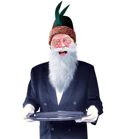 Portrait of a funny old man with a plate. Isolated over white background.の写真素材