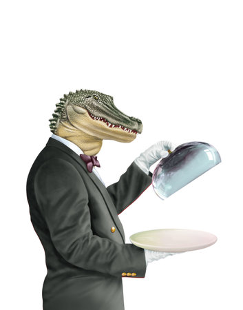 Crocodile waiter with a tray isolated on a white backgroundの写真素材