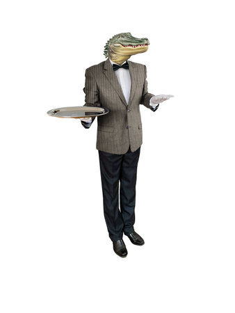 3d rendering of a crocodile waiter with a tray isolated on white backgroundの写真素材